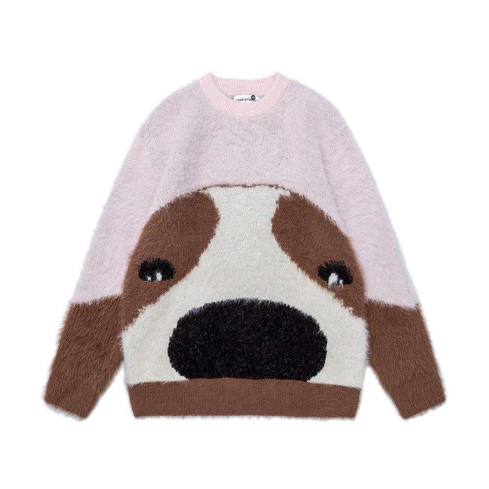 Cute cartoon puppy contrasting round neck sweater