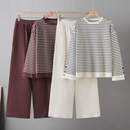 Striped top wide leg pants two-piece set for women