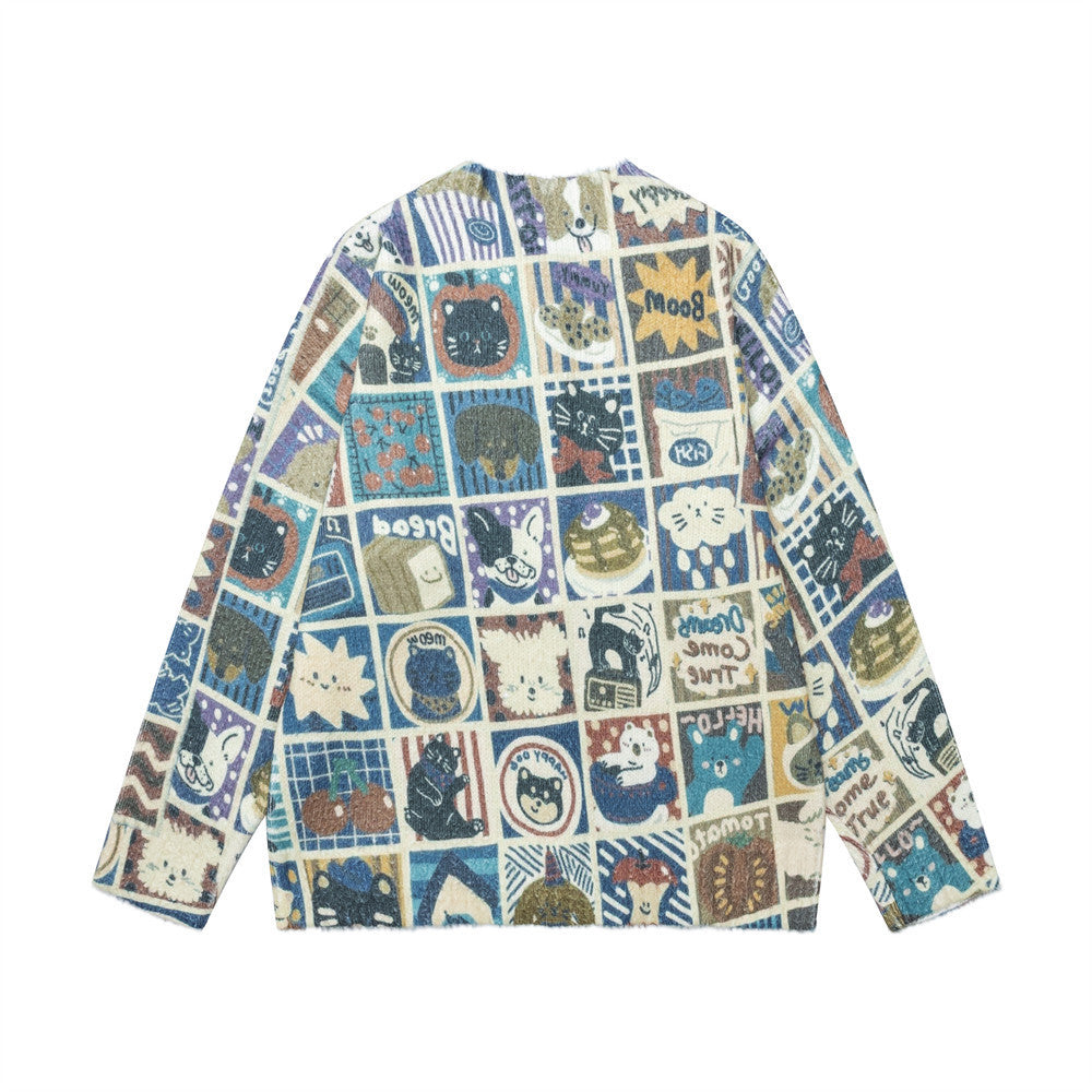 Cartoon full print digital long sleeved round neck knit