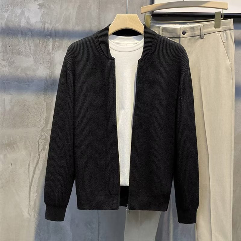 Casual Solid Color Knit Double Zipper Cardigan Sweater for Men