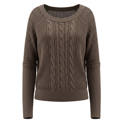 Round neck twisted flower knitted long sleeved sweater