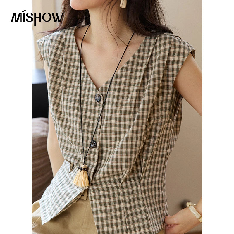 MISHOW Sleeveless Retro Checkered Design Shirt For Women 2026 Summer V-Neck Breathable Slimming Casual Fashion Shirt MXE37X1921