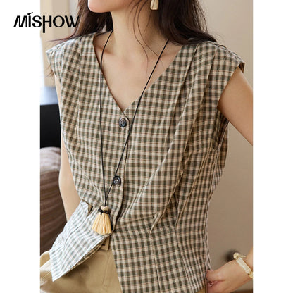 MISHOW Sleeveless Retro Checkered Design Shirt For Women 2026 Summer V-Neck Breathable Slimming Casual Fashion Shirt MXE37X1921