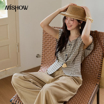 MISHOW Sleeveless Retro Checkered Design Shirt For Women 2026 Summer V-Neck Breathable Slimming Casual Fashion Shirt MXE37X1921