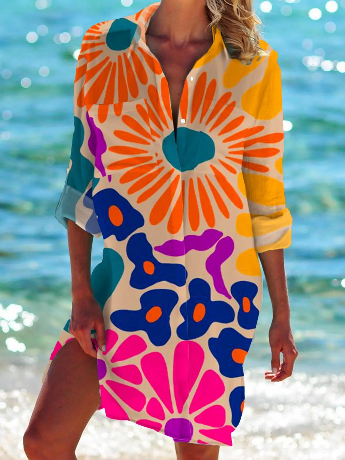 Floral Flower 3D Print Hawaii Beach Blouses Women Long Sleeve Mid-length Shirts Buttons Blusas Pocket Tops Blouse Woman Clothing