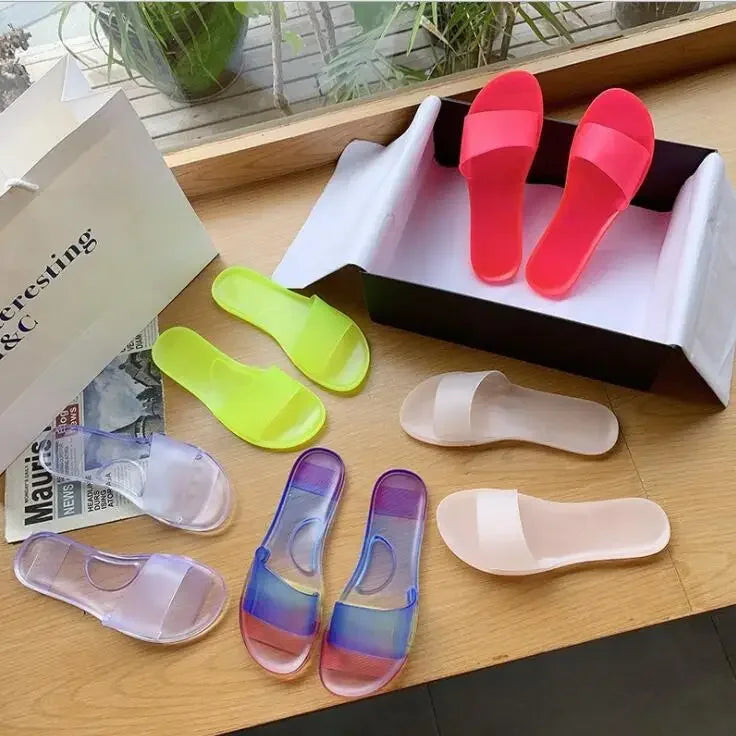 2025 Summer Women New Plus Size Bottom Beach Shoes Ladies One-word Sandals Casual Transparent Jelly Color Flat Slipper