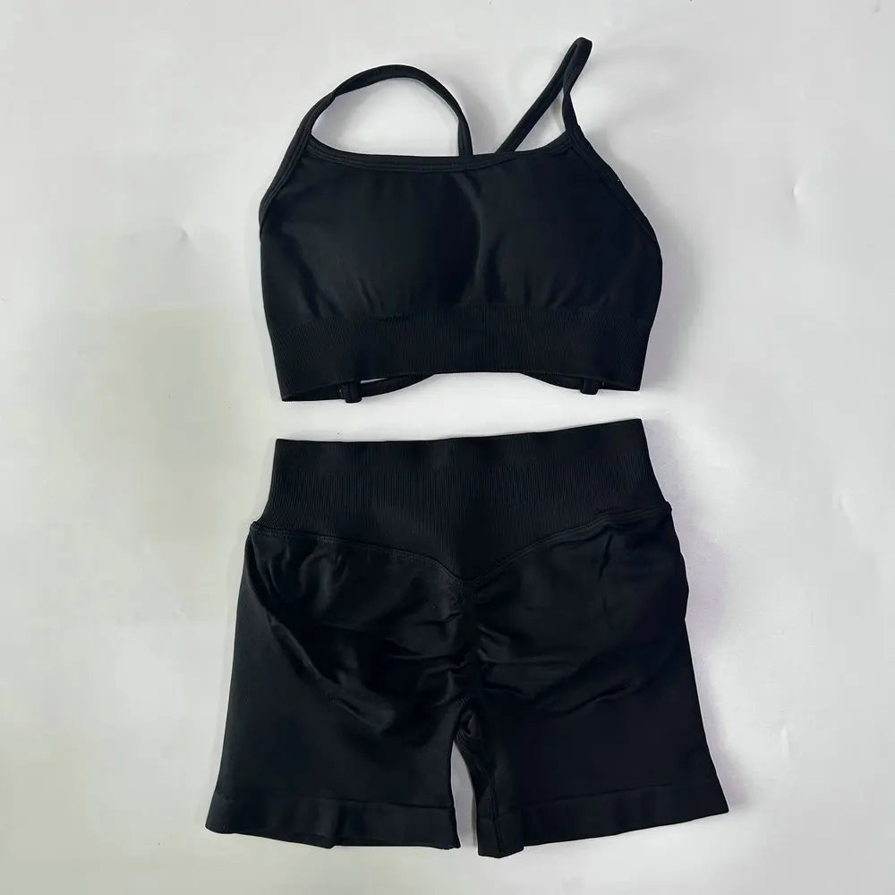 High Quality 2 Piece Gym Set Women Strappy Yoga Bra Top Workout Scrunch Shorts Sports Suit Fitness Clothes Seamless Yoga Set