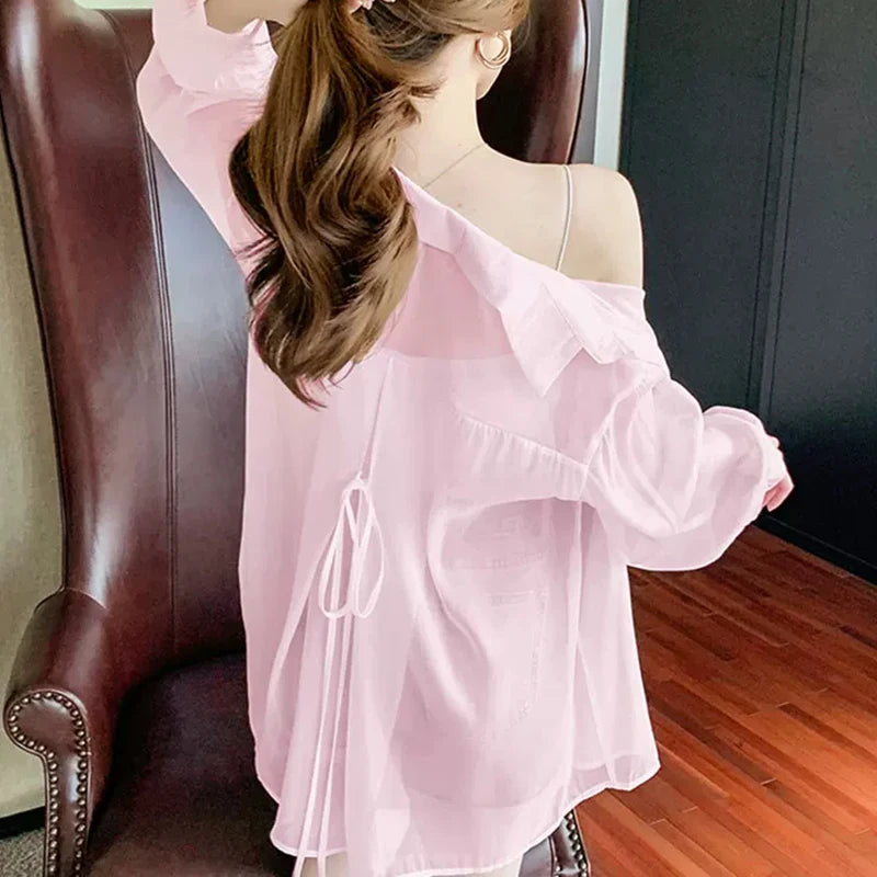 Tie Back Button Down Shirt Women Semi Sheer Chiffon Long Sleeve Collared Oversized Blouse Spring Summer Cover Up Casual Outfit