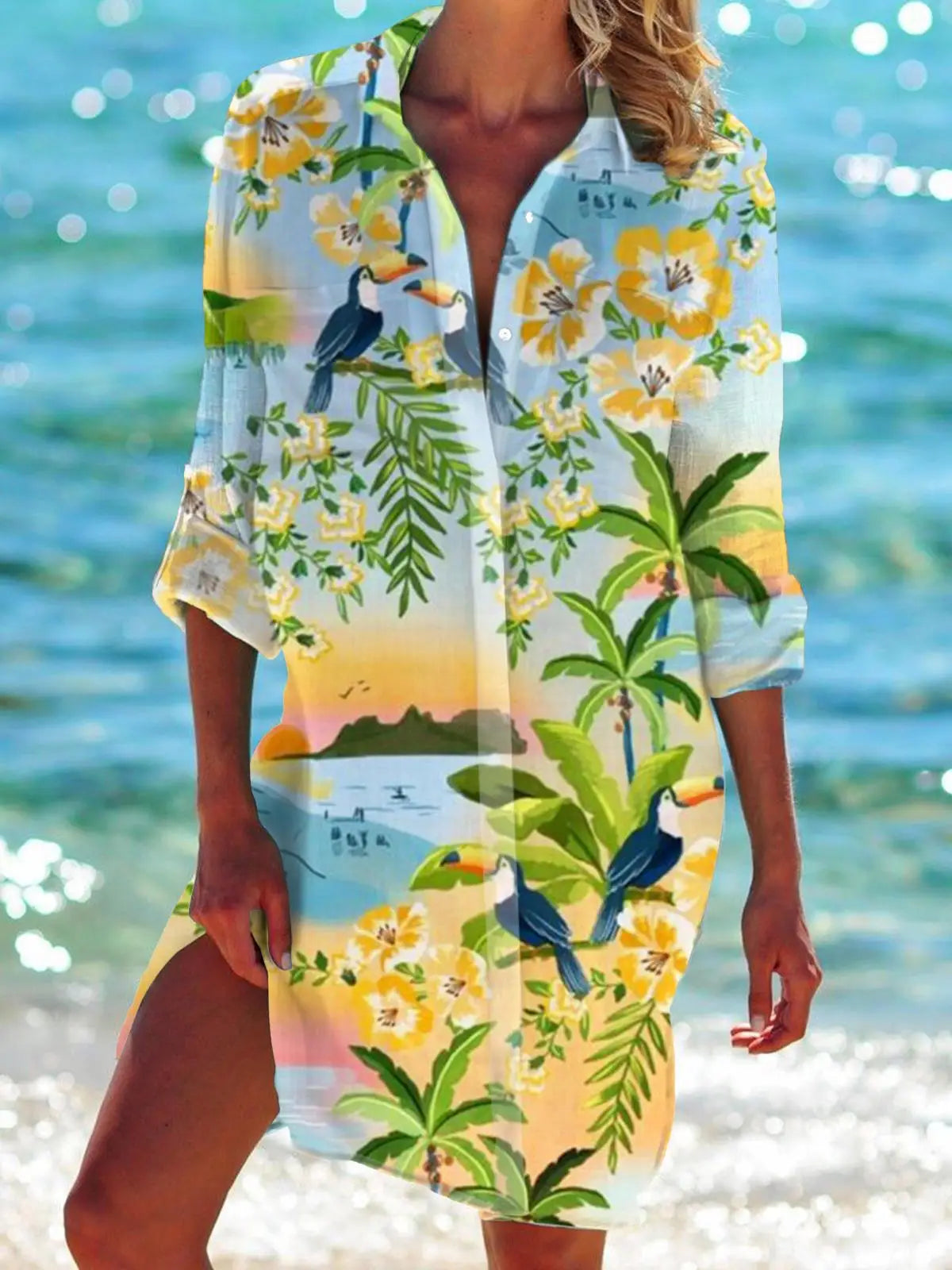 Floral Flower 3D Print Hawaii Beach Blouses Women Long Sleeve Mid-length Shirts Buttons Blusas Pocket Tops Blouse Woman Clothing