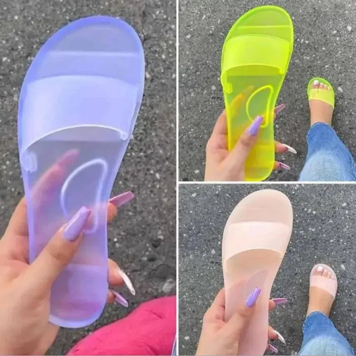 2025 Summer Women New Plus Size Bottom Beach Shoes Ladies One-word Sandals Casual Transparent Jelly Color Flat Slipper