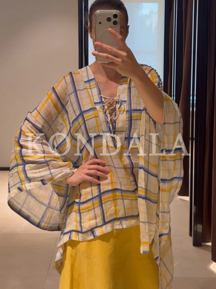 KONDALA Women Casual Plaid Loose Shirts Summer Beach Holiday Cloak Style Shirt 2026 Trendy Female Elegant Lace-up Collar Shirts