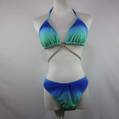Women Sexy Blue Gradient Three-piece Cover Up Swimsuit Bikini Set