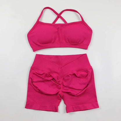 High Quality 2 Piece Gym Set Women Strappy Yoga Bra Top Workout Scrunch Shorts Sports Suit Fitness Clothes Seamless Yoga Set