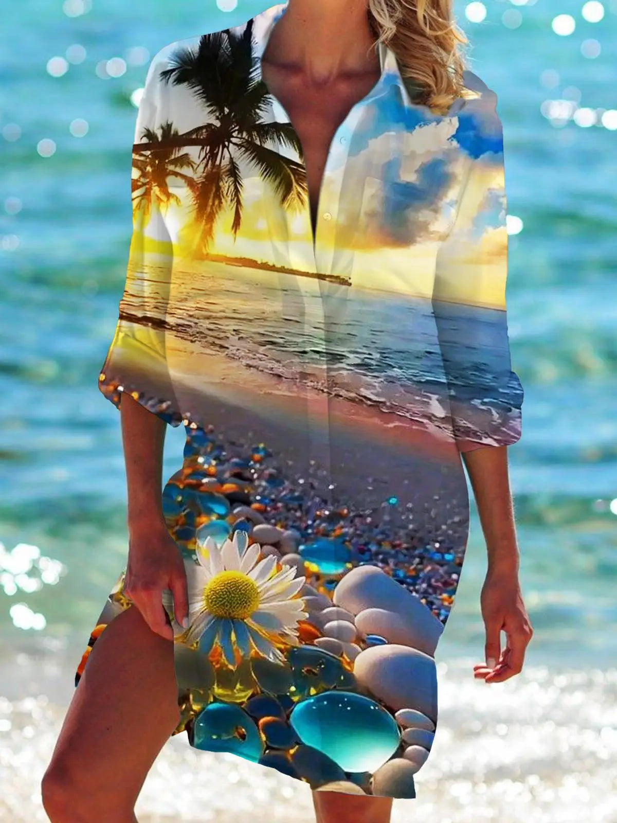 Floral Flower 3D Print Hawaii Beach Blouses Women Long Sleeve Mid-length Shirts Buttons Blusas Pocket Tops Blouse Woman Clothing
