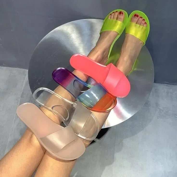 2025 Summer Women New Plus Size Bottom Beach Shoes Ladies One-word Sandals Casual Transparent Jelly Color Flat Slipper