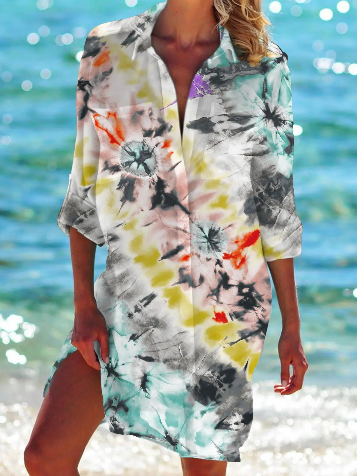 Floral Flower 3D Print Hawaii Beach Blouses Women Long Sleeve Mid-length Shirts Buttons Blusas Pocket Tops Blouse Woman Clothing