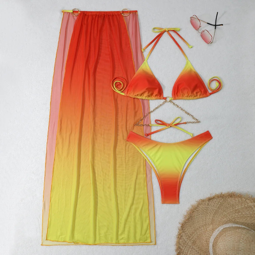 Sexy Metal Chains Bikini Top Extreme String Swimsuit Women Backless Gradient Swimwear Mesh Rings Skirt Beach Outfit Bathing Suit