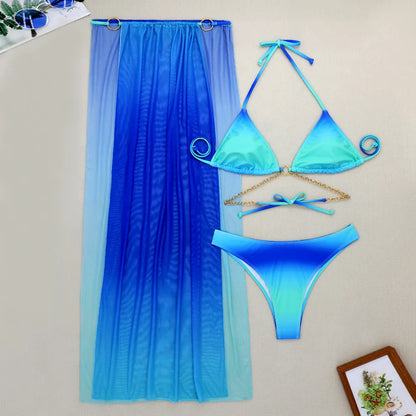 Sexy Metal Chains Bikini Top Extreme String Swimsuit Women Backless Gradient Swimwear Mesh Rings Skirt Beach Outfit Bathing Suit