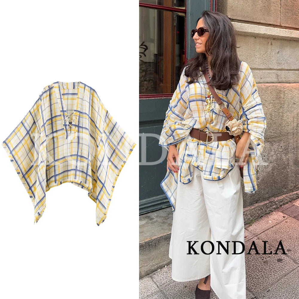 KONDALA Women Casual Plaid Loose Shirts Summer Beach Holiday Cloak Style Shirt 2026 Trendy Female Elegant Lace-up Collar Shirts