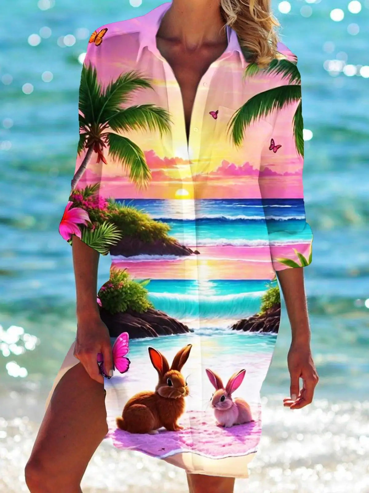 Floral Flower 3D Print Hawaii Beach Blouses Women Long Sleeve Mid-length Shirts Buttons Blusas Pocket Tops Blouse Woman Clothing