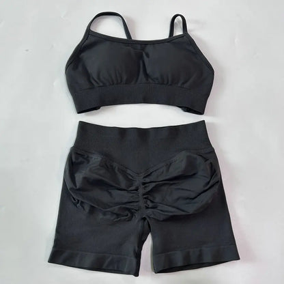 High Quality 2 Piece Gym Set Women Strappy Yoga Bra Top Workout Scrunch Shorts Sports Suit Fitness Clothes Seamless Yoga Set