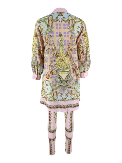 Women 2 Piece Set Ornate Print Long Sleeve Button Shirt Top Pants Outfit Elegant Casual Vacation Matching Set