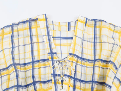 KONDALA Women Casual Plaid Loose Shirts Summer Beach Holiday Cloak Style Shirt 2026 Trendy Female Elegant Lace-up Collar Shirts