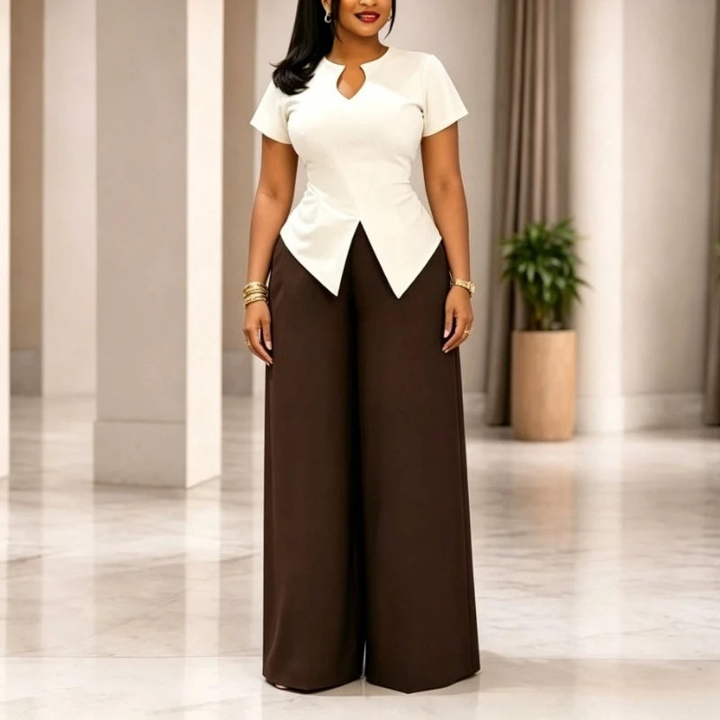 Casual Two Piece Set Women V Neck Short Sleeve Chic Tops High Waist Wide Leg Pants Suit Simple Elegant Fashion Daily Outfits