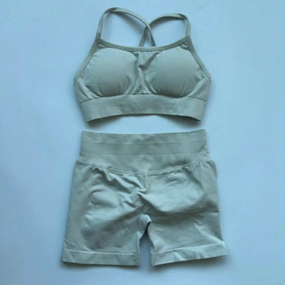 High Quality 2 Piece Gym Set Women Strappy Yoga Bra Top Workout Scrunch Shorts Sports Suit Fitness Clothes Seamless Yoga Set