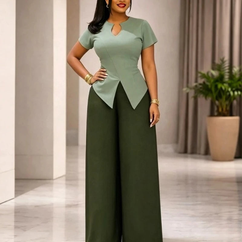 Casual Two Piece Set Women V Neck Short Sleeve Chic Tops High Waist Wide Leg Pants Suit Simple Elegant Fashion Daily Outfits