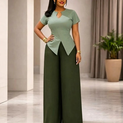 Casual Two Piece Set Women V Neck Short Sleeve Chic Tops High Waist Wide Leg Pants Suit Simple Elegant Fashion Daily Outfits