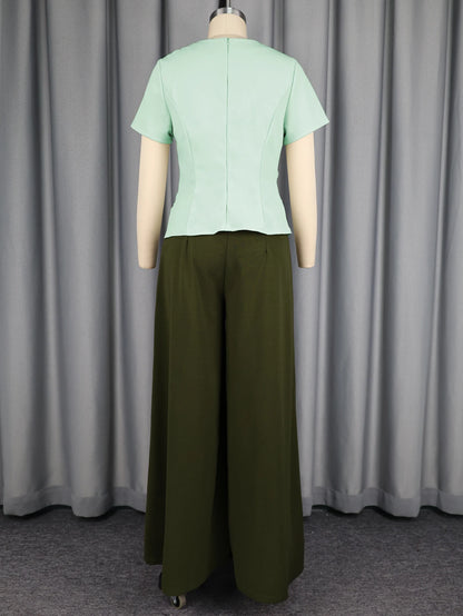 Casual Two Piece Set Women V Neck Short Sleeve Chic Tops High Waist Wide Leg Pants Suit Simple Elegant Fashion Daily Outfits