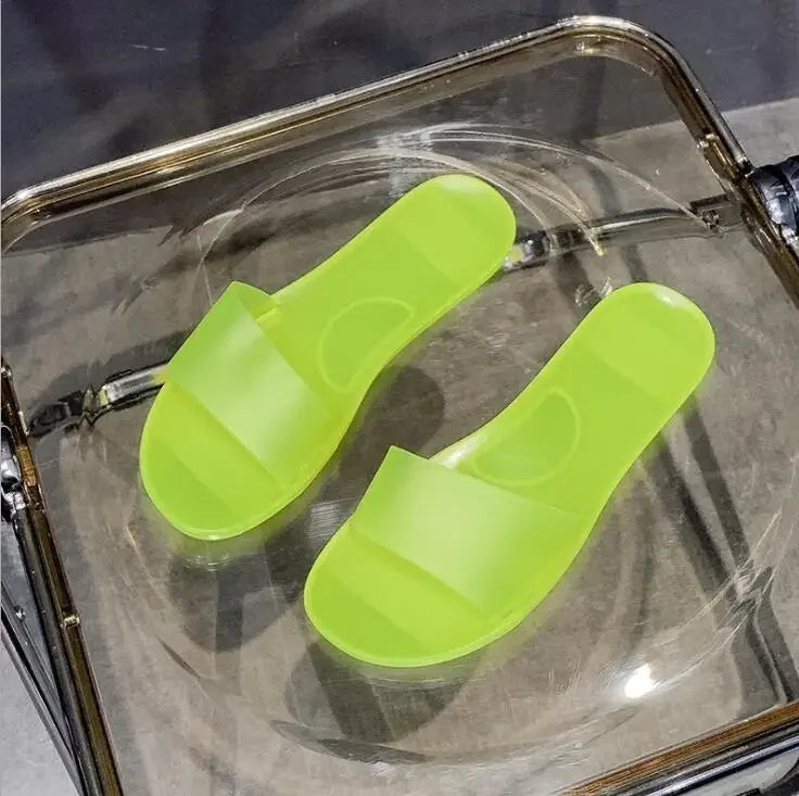 2025 Summer Women New Plus Size Bottom Beach Shoes Ladies One-word Sandals Casual Transparent Jelly Color Flat Slipper