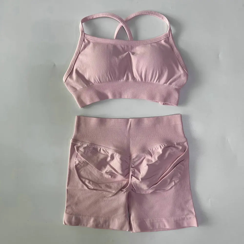 High Quality 2 Piece Gym Set Women Strappy Yoga Bra Top Workout Scrunch Shorts Sports Suit Fitness Clothes Seamless Yoga Set
