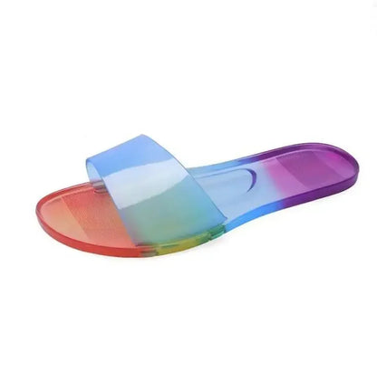 2025 Summer Women New Plus Size Bottom Beach Shoes Ladies One-word Sandals Casual Transparent Jelly Color Flat Slipper