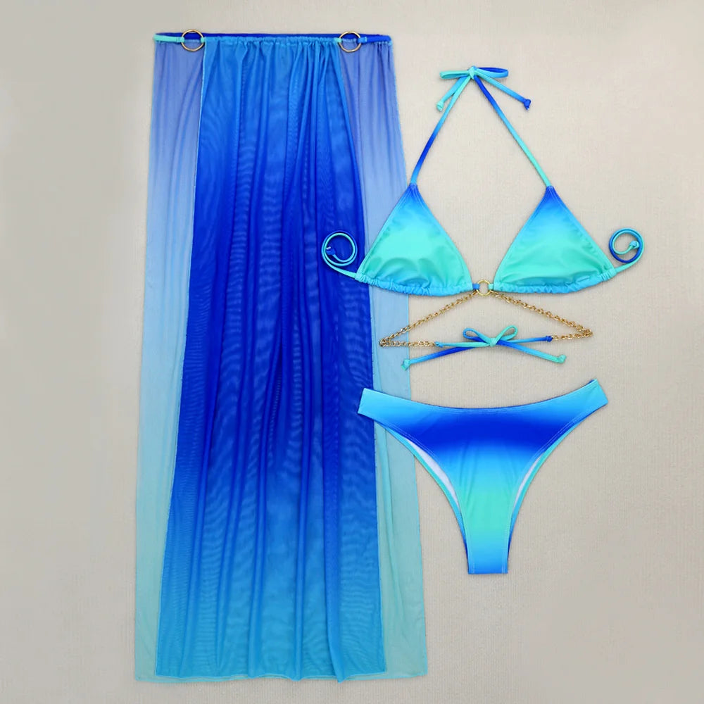Sexy Metal Chains Bikini Top Extreme String Swimsuit Women Backless Gradient Swimwear Mesh Rings Skirt Beach Outfit Bathing Suit