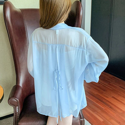 Tie Back Button Down Shirt Women Semi Sheer Chiffon Long Sleeve Collared Oversized Blouse Spring Summer Cover Up Casual Outfit