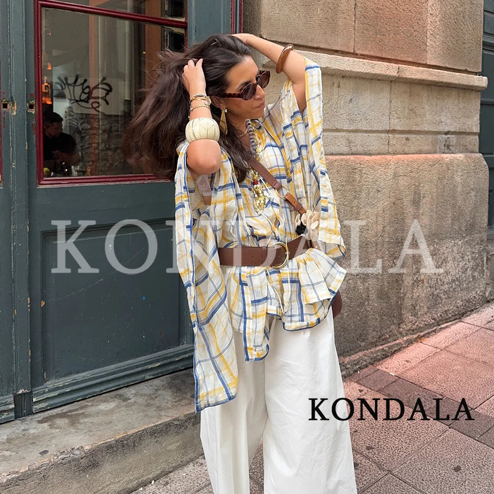 KONDALA Women Casual Plaid Loose Shirts Summer Beach Holiday Cloak Style Shirt 2026 Trendy Female Elegant Lace-up Collar Shirts