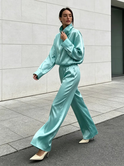 Solid Satin Long Sleeve Casual 2 Piece Set Women Stand Collar Zip Crop Coat Elastic Waist Pants Autumn New Street Matching Suit