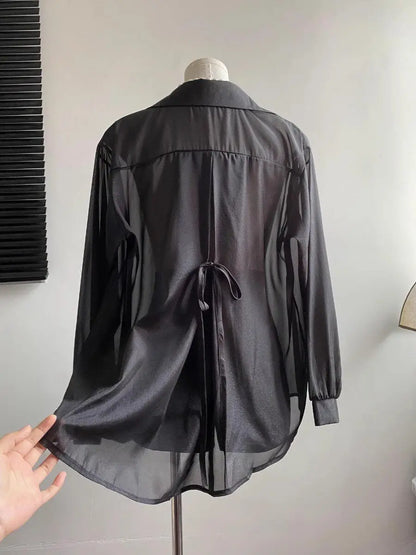 Tie Back Button Down Shirt Women Semi Sheer Chiffon Long Sleeve Collared Oversized Blouse Spring Summer Cover Up Casual Outfit