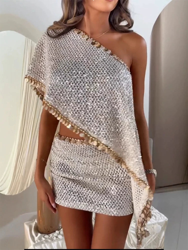 Champagne Sequin One Shoulder Mini Dress Sexy Short Sleeve Waist Cutout Bodycon Gown 2026 Summer Party Date Wedding Club Outfit