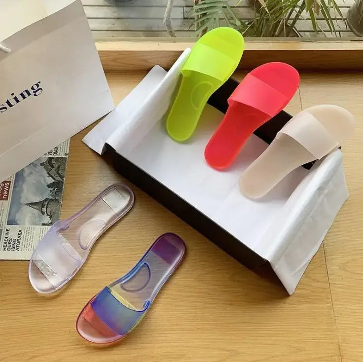 2025 Summer Women New Plus Size Bottom Beach Shoes Ladies One-word Sandals Casual Transparent Jelly Color Flat Slipper