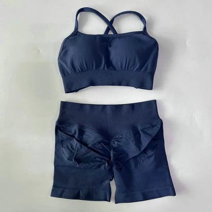 High Quality 2 Piece Gym Set Women Strappy Yoga Bra Top Workout Scrunch Shorts Sports Suit Fitness Clothes Seamless Yoga Set