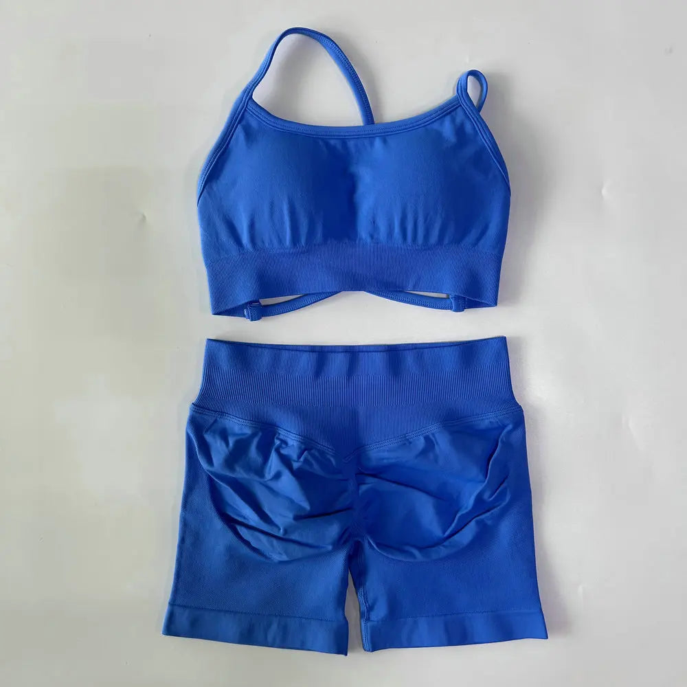 High Quality 2 Piece Gym Set Women Strappy Yoga Bra Top Workout Scrunch Shorts Sports Suit Fitness Clothes Seamless Yoga Set