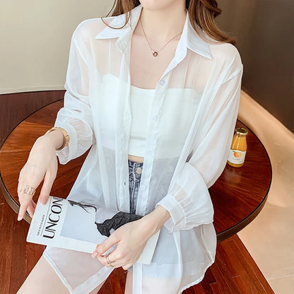 Tie Back Button Down Shirt Women Semi Sheer Chiffon Long Sleeve Collared Oversized Blouse Spring Summer Cover Up Casual Outfit