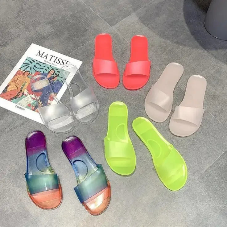 2025 Summer Women New Plus Size Bottom Beach Shoes Ladies One-word Sandals Casual Transparent Jelly Color Flat Slipper