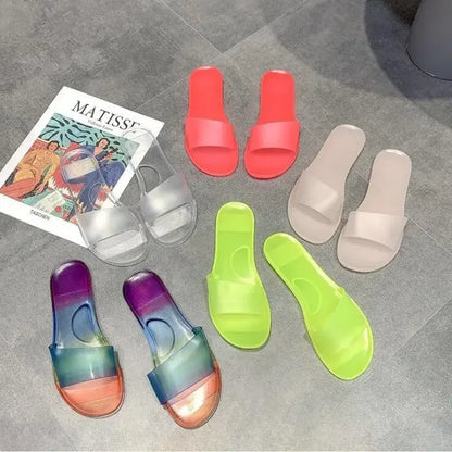 2025 Summer Women New Plus Size Bottom Beach Shoes Ladies One-word Sandals Casual Transparent Jelly Color Flat Slipper