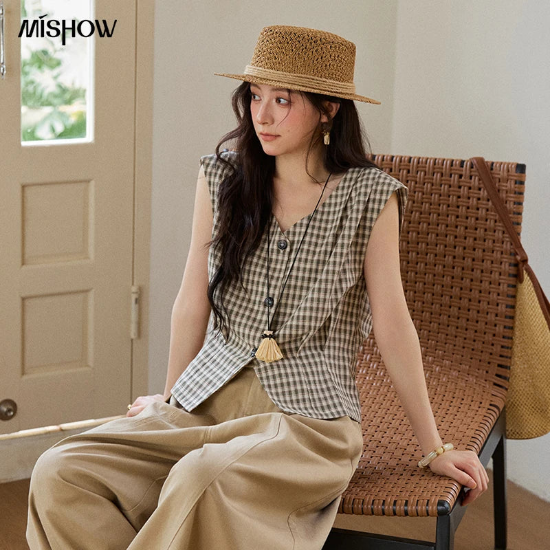 MISHOW Sleeveless Retro Checkered Design Shirt For Women 2026 Summer V-Neck Breathable Slimming Casual Fashion Shirt MXE37X1921