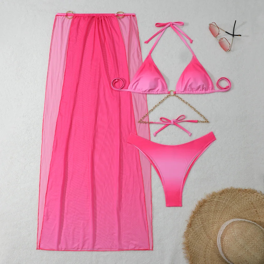 Sexy Metal Chains Bikini Top Extreme String Swimsuit Women Backless Gradient Swimwear Mesh Rings Skirt Beach Outfit Bathing Suit