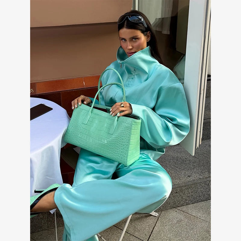 Solid Satin Long Sleeve Casual 2 Piece Set Women Stand Collar Zip Crop Coat Elastic Waist Pants Autumn New Street Matching Suit